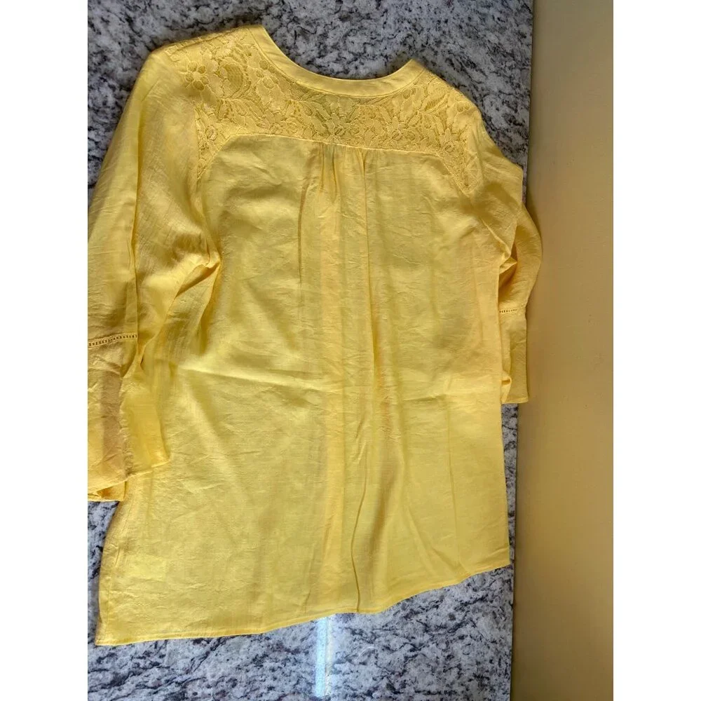 Kim Rogers Womens Blouse Medium Yellow Button-Down Bell Sleeves Lace Trim Retro_8